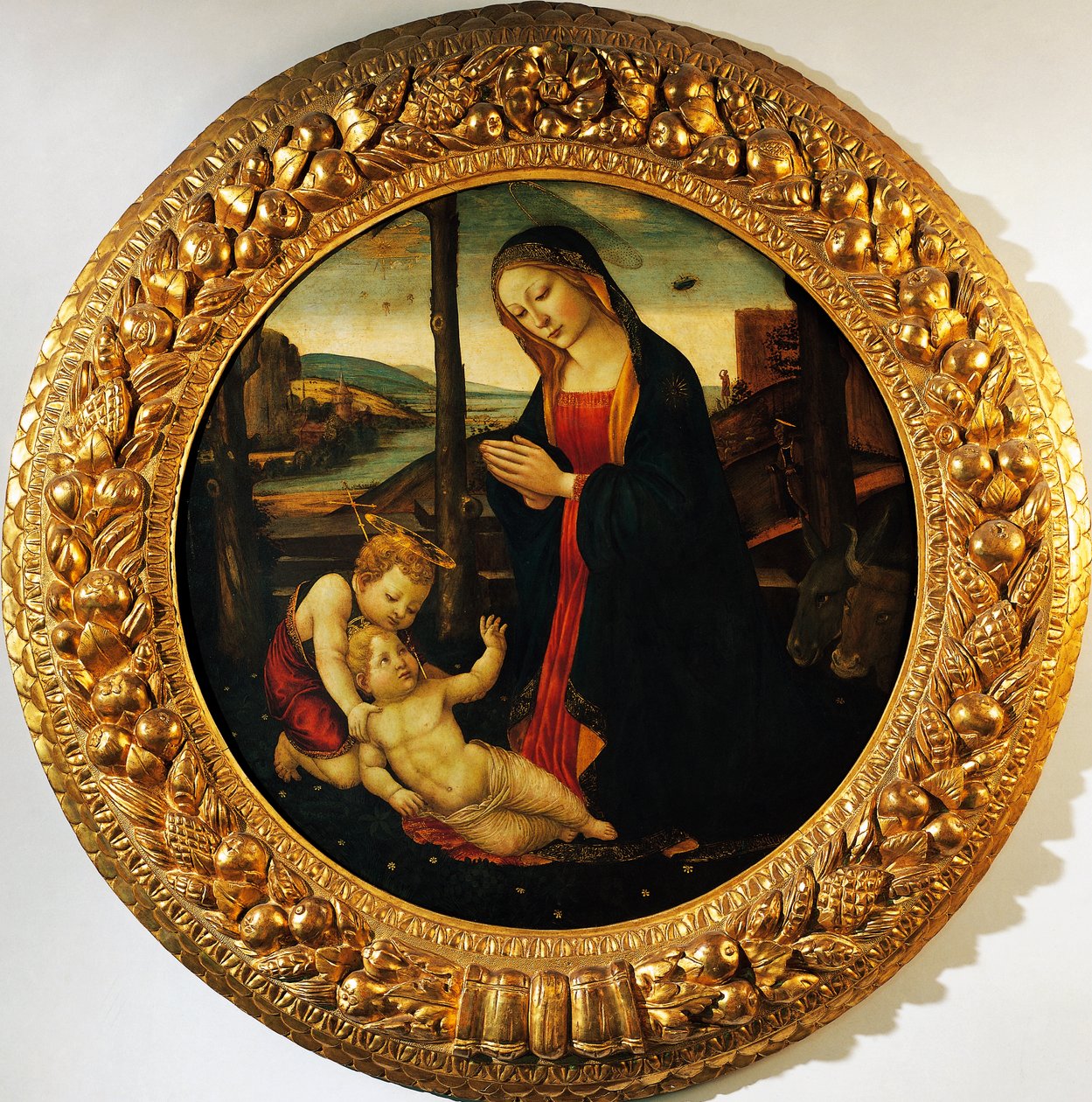 Madonna z Dzieciątkiem z niemowlęciem Święty Jan Chrzciciel, obraz przypisywany Mistrzowi z Tondo Miller (koniec XV w.). autorstwa Master of the Miller Tondo (attr. to)