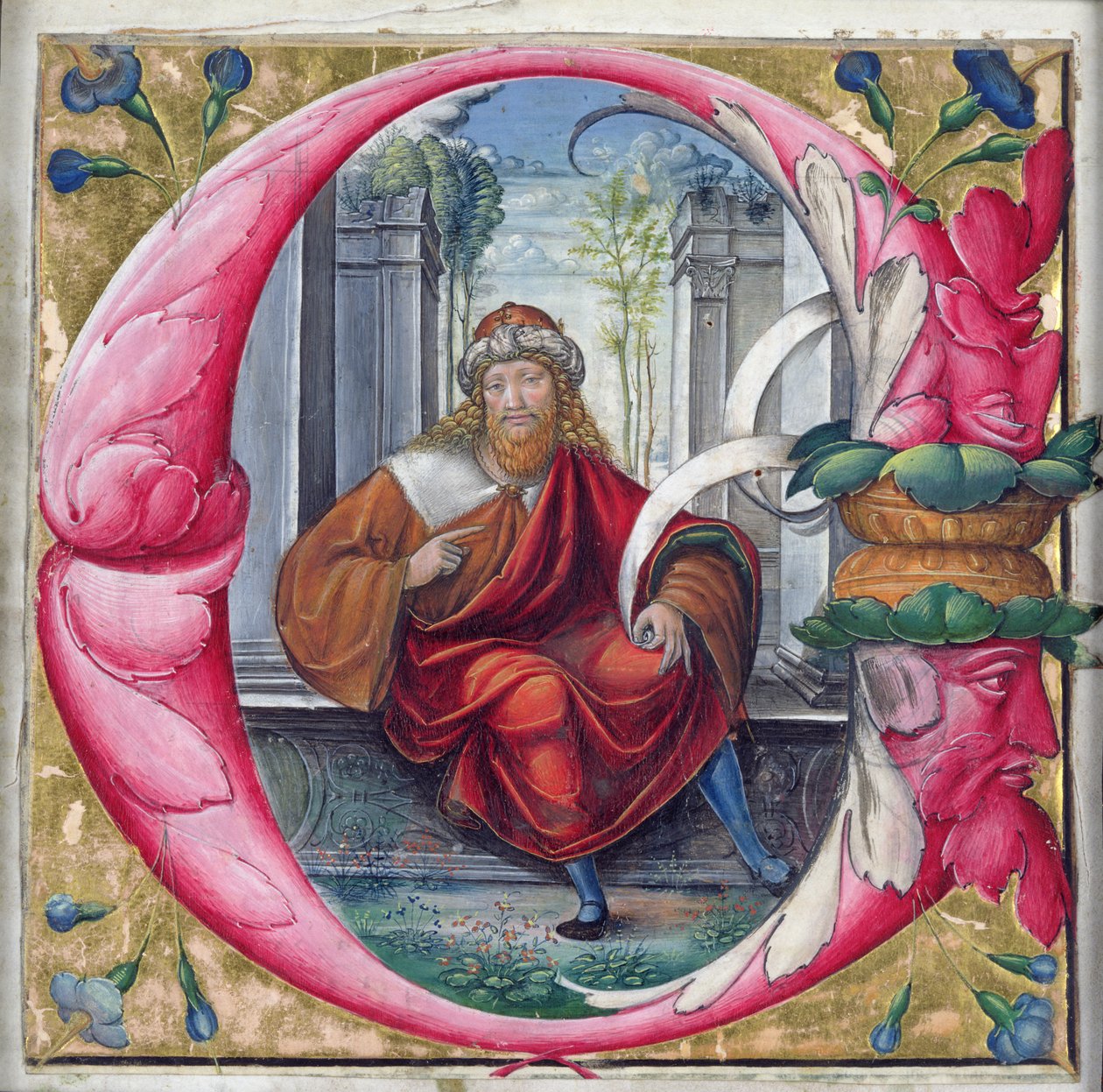 Historyczny inicjał C lub O przedstawiający króla Dawida autorstwa Master of the Monogram B.F