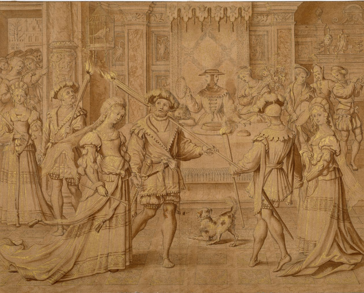 „Petit Patron” za pełnowymiarową kreskówkę z gobelinem „Styczeń” (czarna kreda i brązowa farba ze złotem na papierze) autorstwa Master of the Months of Lucas