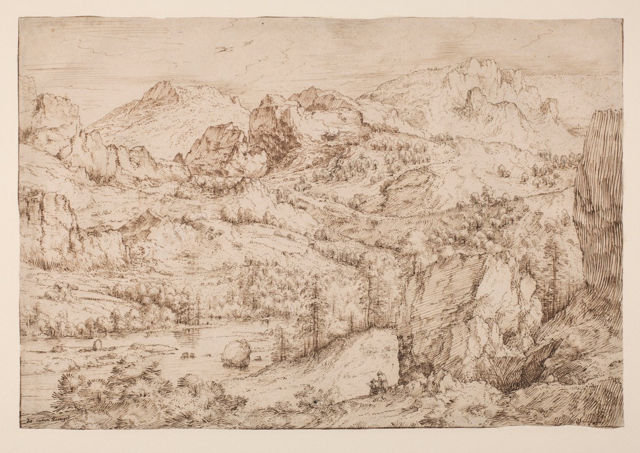 Pejzaż z rysującym artystą, ok. 1606-08 (pióro i atrament oraz czarna kreda na papierze) autorstwa Master of the Mountain Landscapes