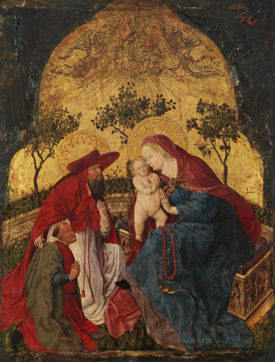 Dziewica z Dzieciątkiem z darczyńcą u św. Hieronima, ca. 1450. autorstwa Master of the Munich Bavarian Panels
