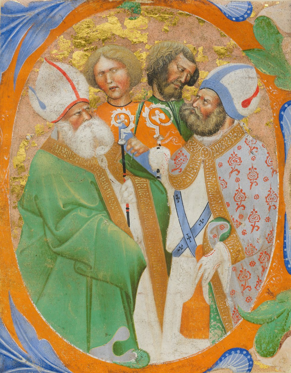 Iluminacja rękopisu z czterema świętymi w inicjale O, z księgi chóralnej, włoski, 1440-50. autorstwa Master of the Murano Gradual