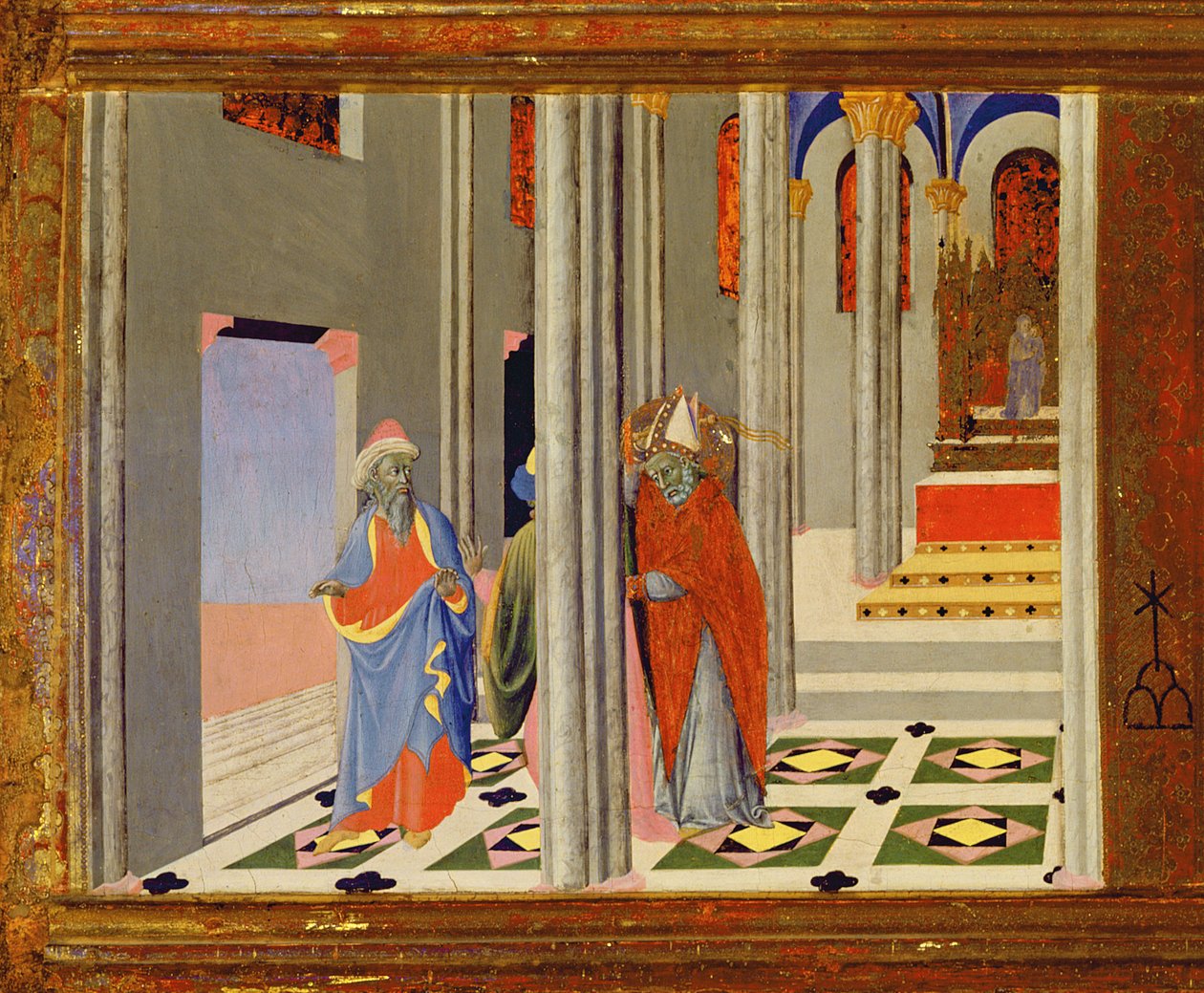 Św. Ambroży odmawia cesarzowi rzymskiemu Teodozjuszowi I Wielkiemu przyjęcia do kościoła w Mediolanie, 1436 tempera na elemencie tablicy z 741548 autorstwa Master of the Osservanza
