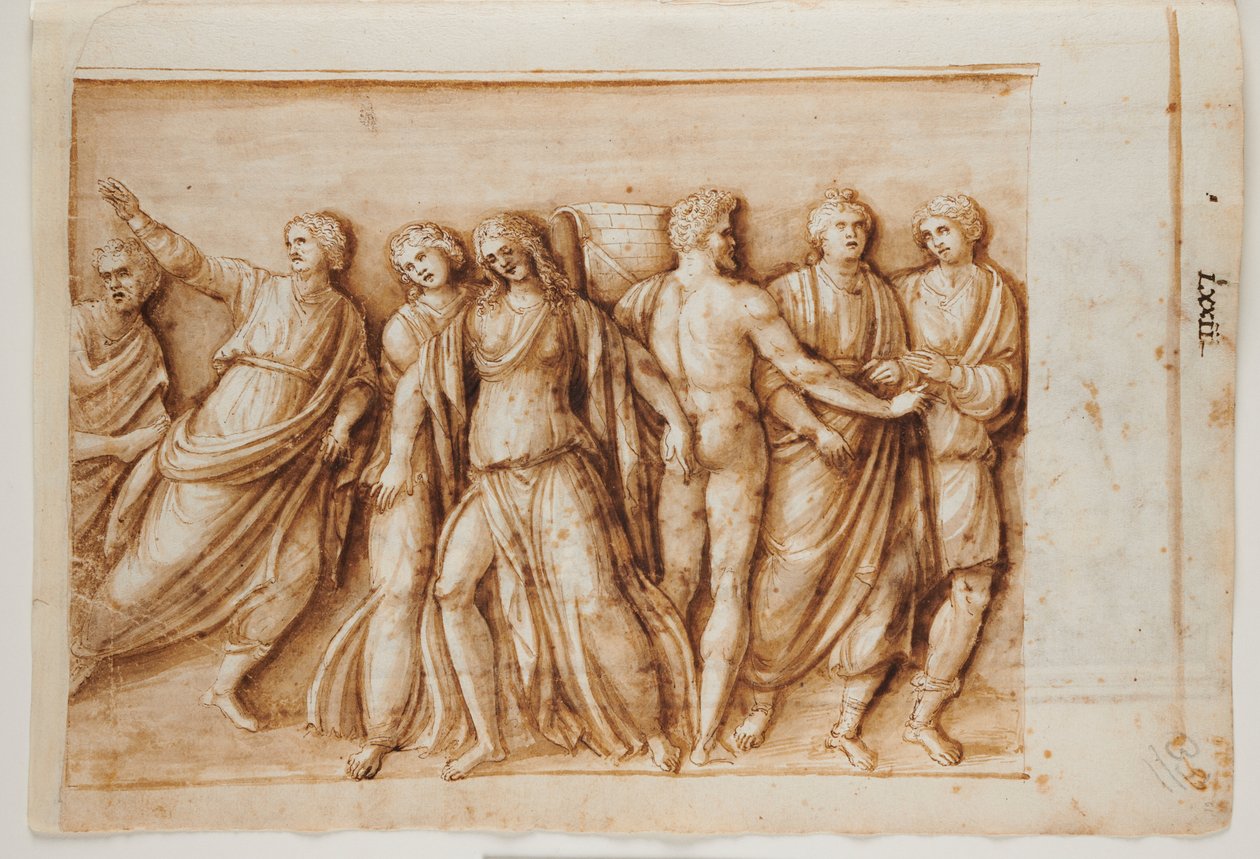 Folio 61, recto: Powrót Meleagera z rzymskiego sarkofagu, Rzym, Palazzo Barberini, ok. 1512-17 (pióro i brązowy tusz z brązowym lakierem) autorstwa Master of the Oxford Album