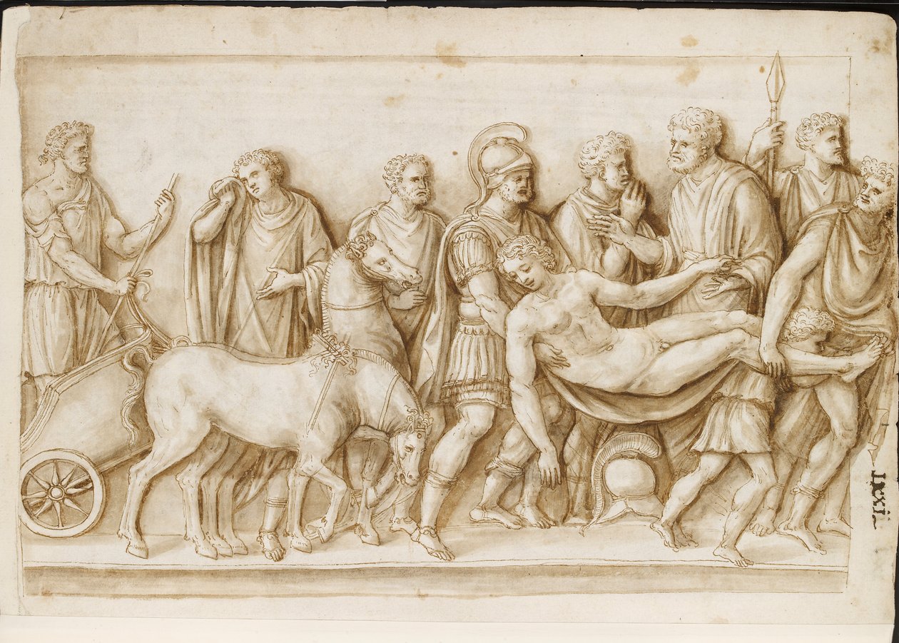 Verso: Powrót Meleagera, z rzymskiego sarkofagu, Palazzo Barberini, Rzym, ok. 1512-17 (pióro i brązowy tusz z brązowym lakierem) autorstwa Master of the Oxford Album