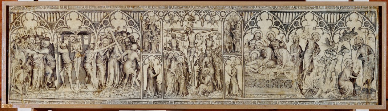 Ołtarz w Narbonne: Chrystus wzięty do niewoli, wyszydzony, korona cierniowa, ukrzyżowanie, złożenie do grobu, zmartwychwstanie ... autorstwa Master of the Parement of Narbonne