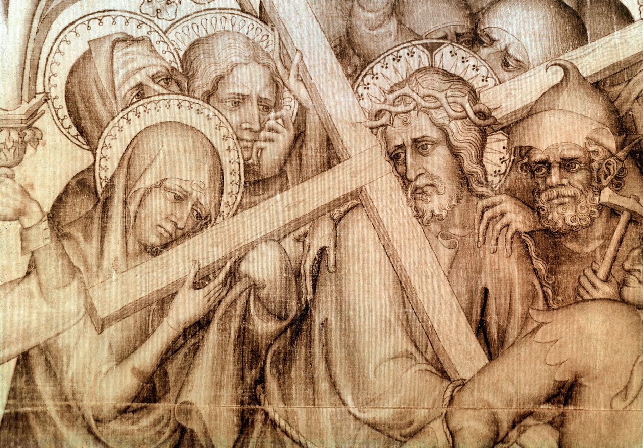 Parement Narbonne: Chrystus niosący swój krzyż (grisaille na jedwabiu autorstwa Master of the Parement of Narbonne