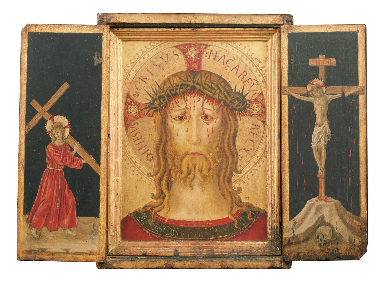 Tryptyk: Chrystus Odkupiciel w otoczeniu Chrystusa niosącego krzyż i Ukrzyżowanie (złota płyta podłogowa w integralnej ramie) autorstwa Master of the Pietà di San Costanzo
