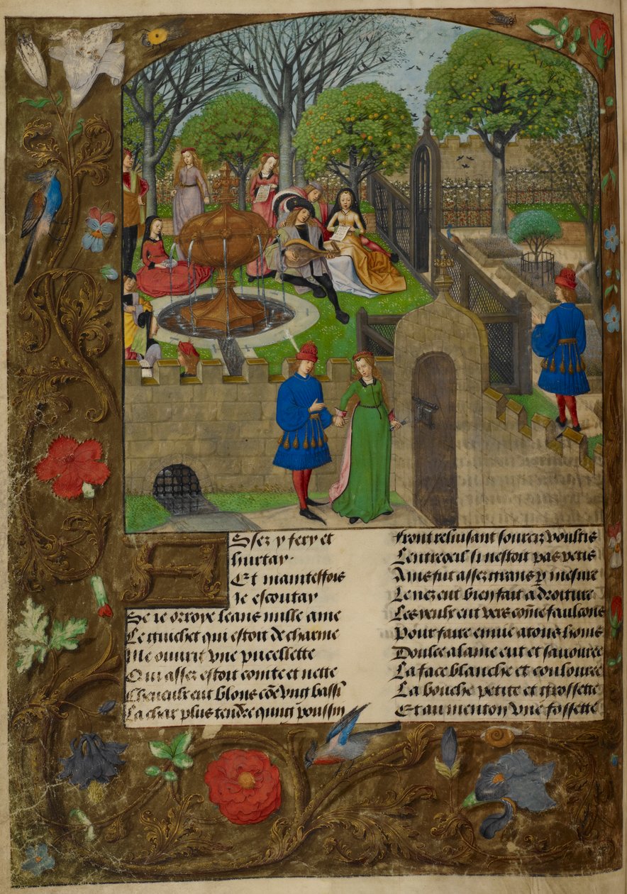 Harley_4425_f12v Lutenista i śpiewacy w otoczonym murem ogrodzie. Kochanek i Dama Oyseuse (bezczynność) poza murami ogrodu, ilustracja z „Roman de la Rose”, Guillaume de Lorris autorstwa Master of the Prayer Books
