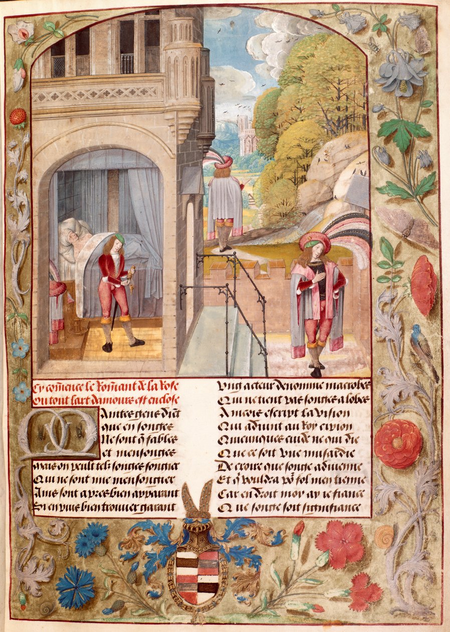Harley 4425, fol.7 Kochanek śpi, wstaje i idzie do ogrodu miłości, z „Roman de la Rose” Guillaume de Lorris i Jean de Meung, ok. 1490-1500 (welum) autorstwa Master of the Prayer Books