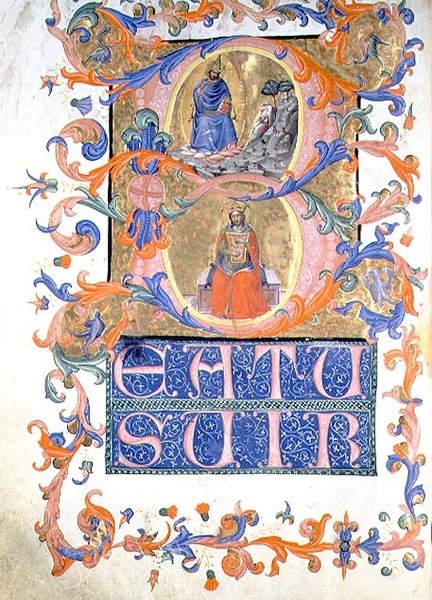 ds 559 f.44v Historyczny inicjał „B” ze stworzeniem i królem Dawidem grającym na harfie, z księgi chóralnej (welum) autorstwa Master of the Psalters