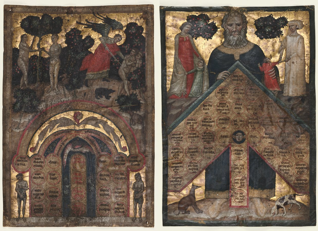Kartki z tomu Johannesa Andrei „Wykład o drzewie pokrewieństwa i pokrewieństwa: Tabela pokrewieństwa i Tabela pokrewieństwa autorstwa Master of the Register of 1328
