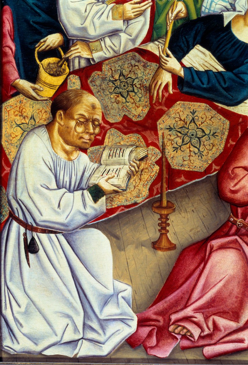 Śmierć Dziewicy Detal przedstawiający mnicha czytającego w okularach. Obraz mistrza Górnego Renu (XV wiek) autorstwa Master of the Rhine