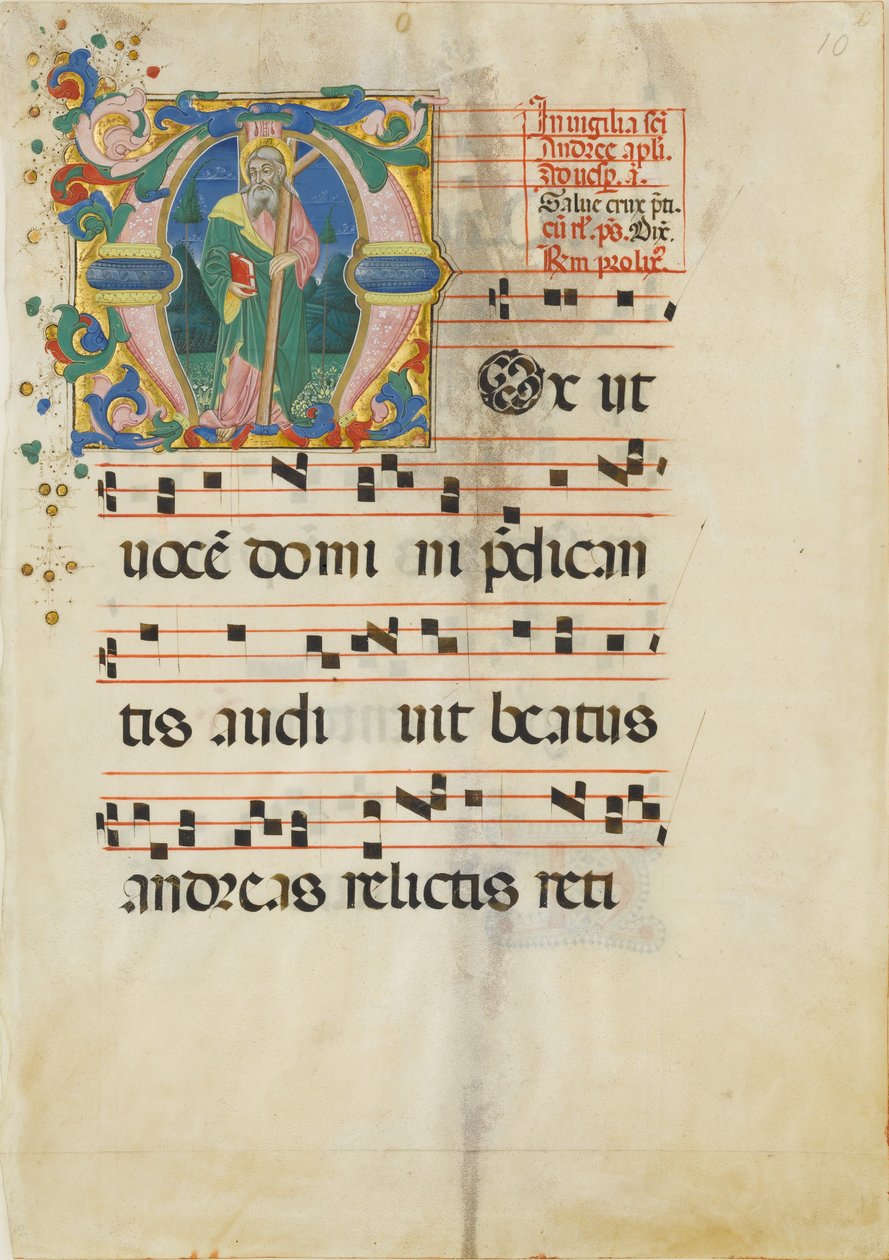 Listek rękopisu ze świętem Andrzeja w inicjale M ..., II poł. XV w. autorstwa Master of the Riccardiana Lactantius