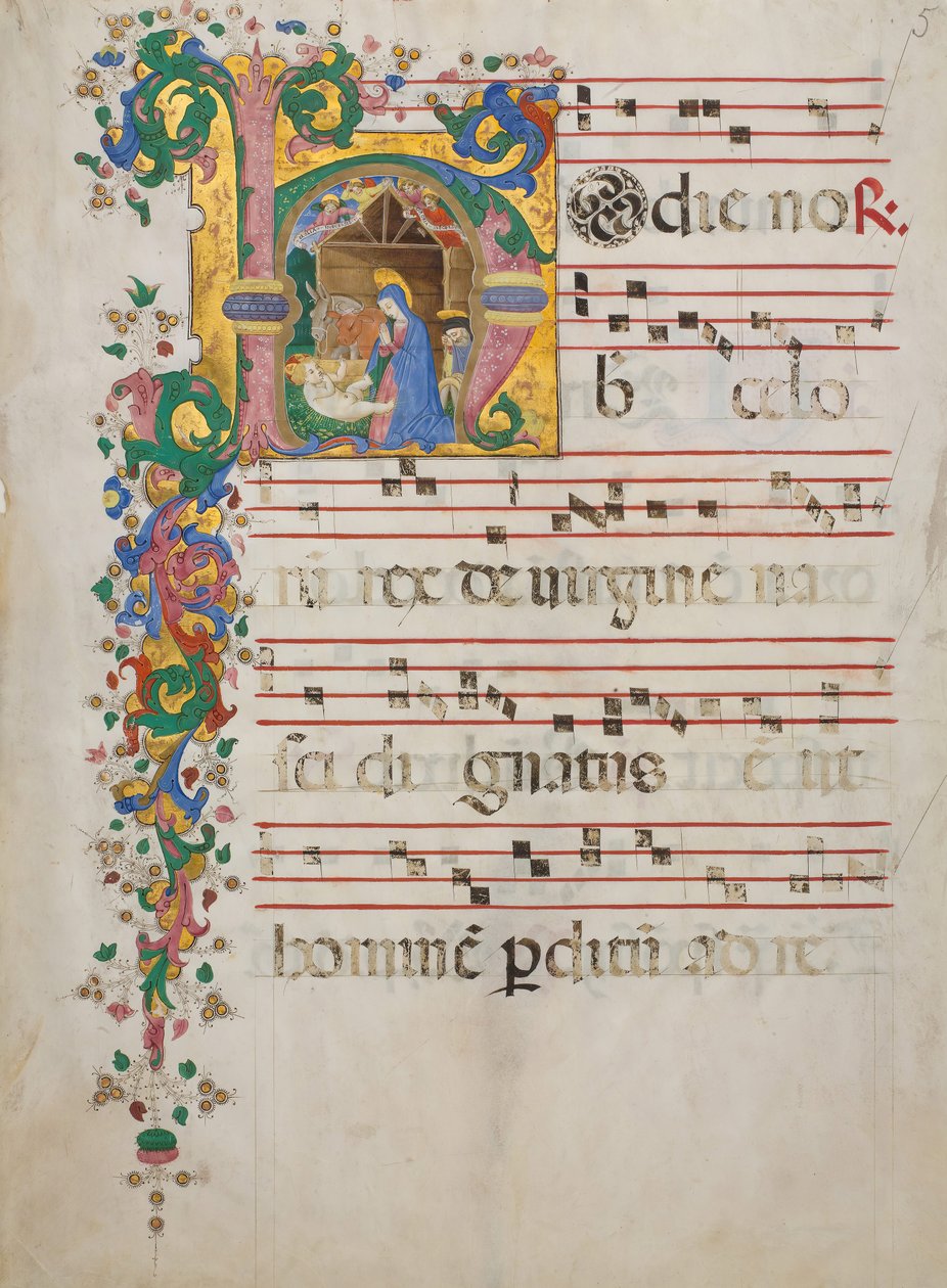 Karta rękopisu z szopką w inicjale H, z antyfonarza, włoski, 2. poł. XV w autorstwa Master of the Riccardiana Lactantius