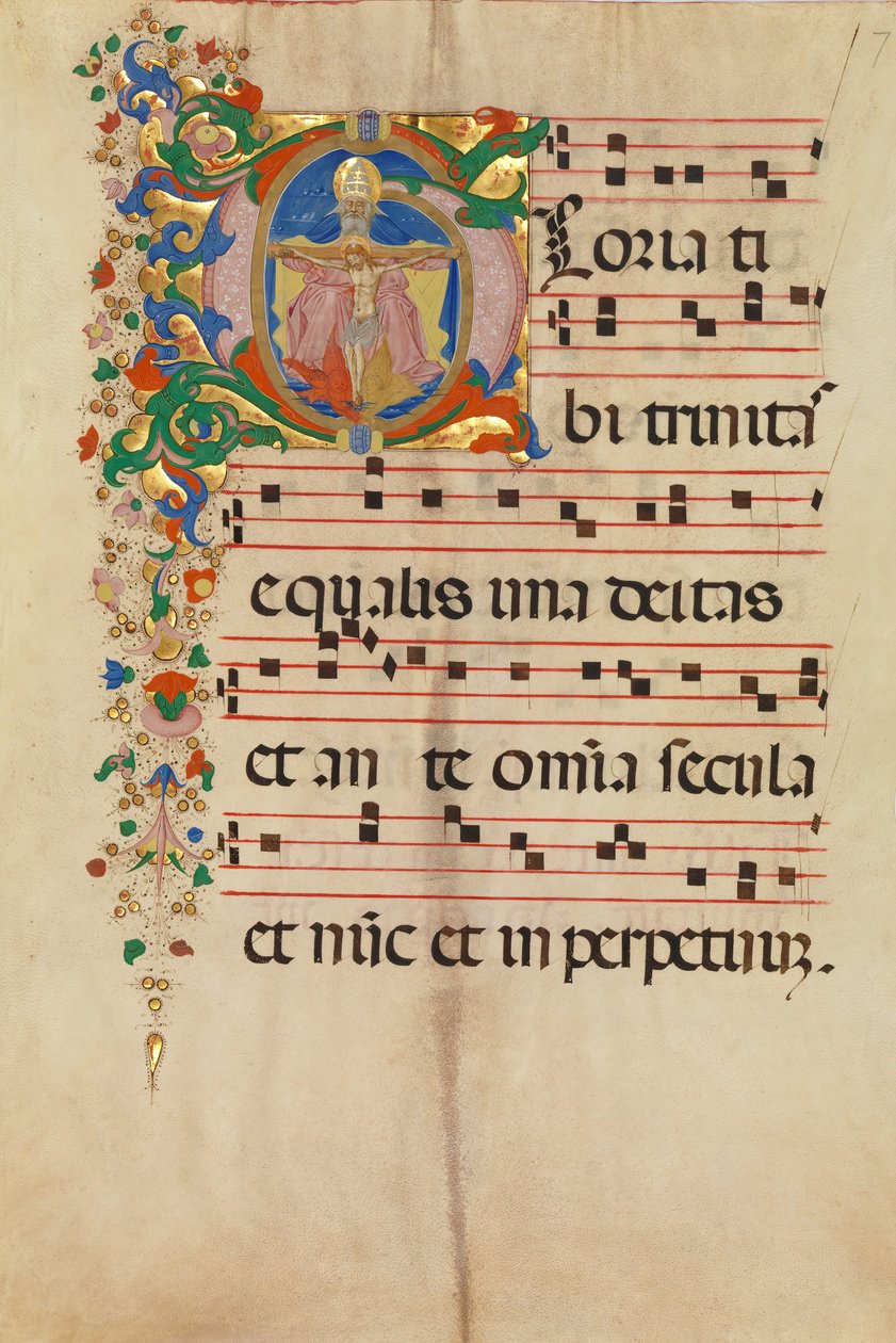 Karta rękopisu z Trójcą Świętą w inicjale G, z antyfonarza, włoski, 2. poł. XV w. autorstwa Master of the Riccardiana Lactantius