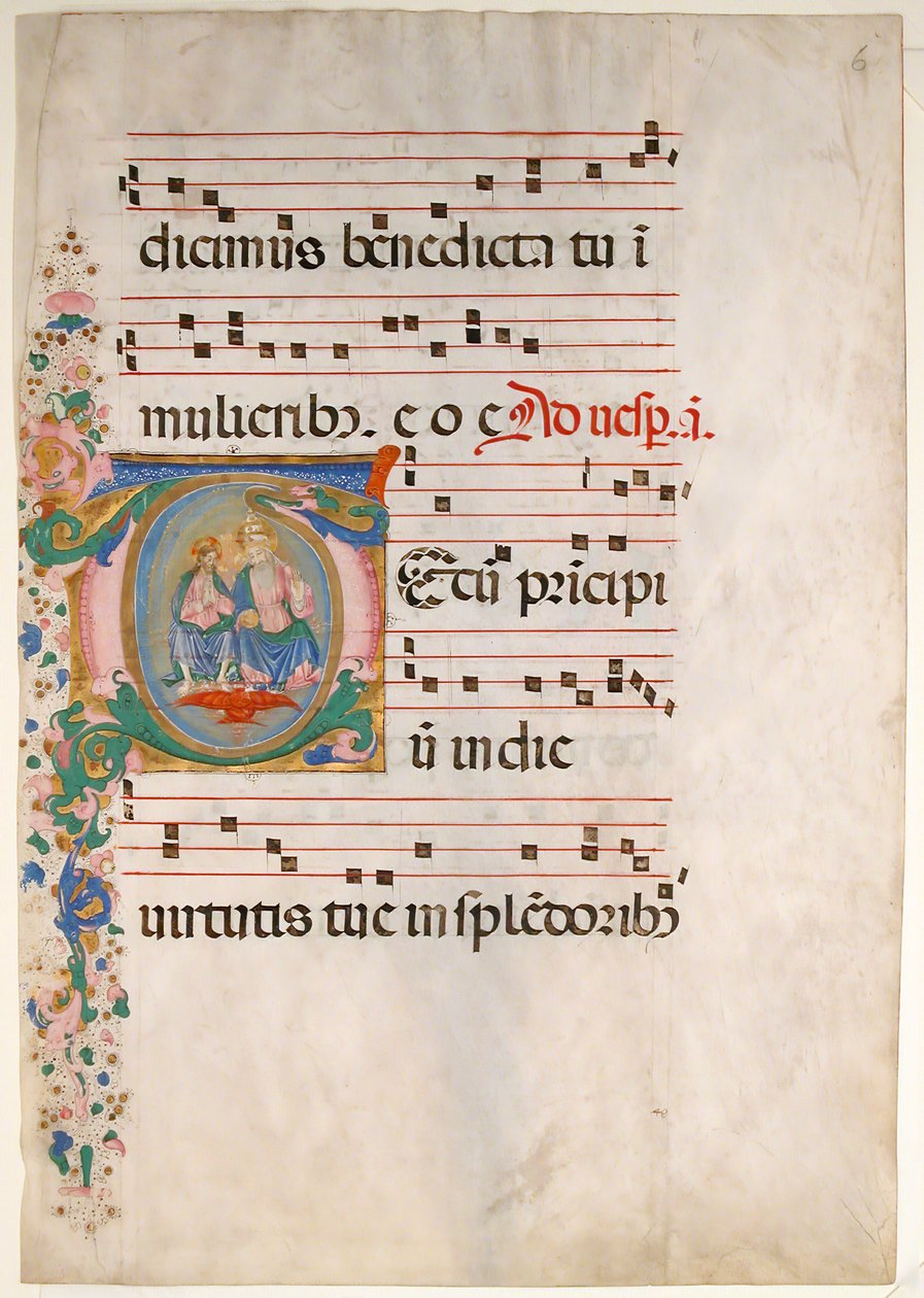 Karta rękopisu z Trójcą w inicjale T, z antyfonarza, II poł. XV w. autorstwa Master of the Riccardiana Lactantius