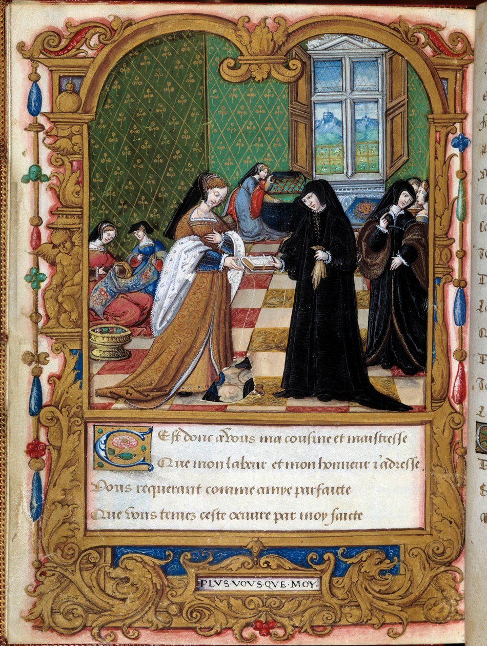 Margarita of Angoulema (1492-1549) Królowa Nawarry przedstawia swoją książkę księżnej Etampes i ulubieńcy Francois I Anne Pisseleu Page zaczerpnięta z rękopisu „”La coche ou Debat d