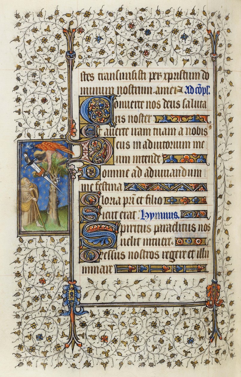 Ms 62 f.132v Skrzydlata postać w koronie drzewa z księgą przebitą mieczem, z "Godzinek do Ducha Świętego" Guillaume de Deguilleville