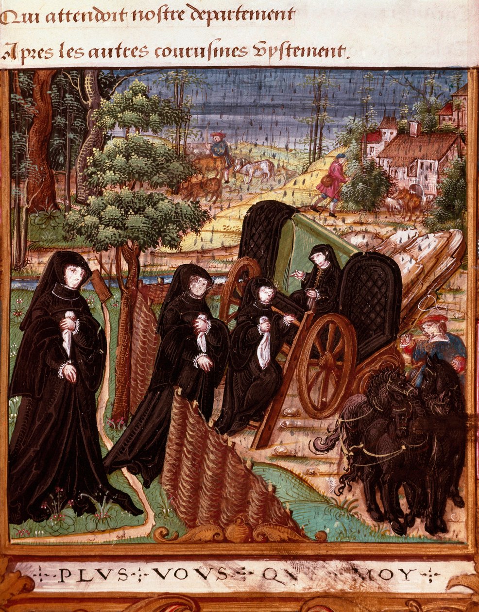 Przedstawienie królowej Nawarry Małgorzaty Angoulema (1492-1549) otoczonej przez jej towarzyszki wchodzącej na pokład powozu na spacer”” Strona zaczerpnięta z rękopisu „”La coche ou Debat d