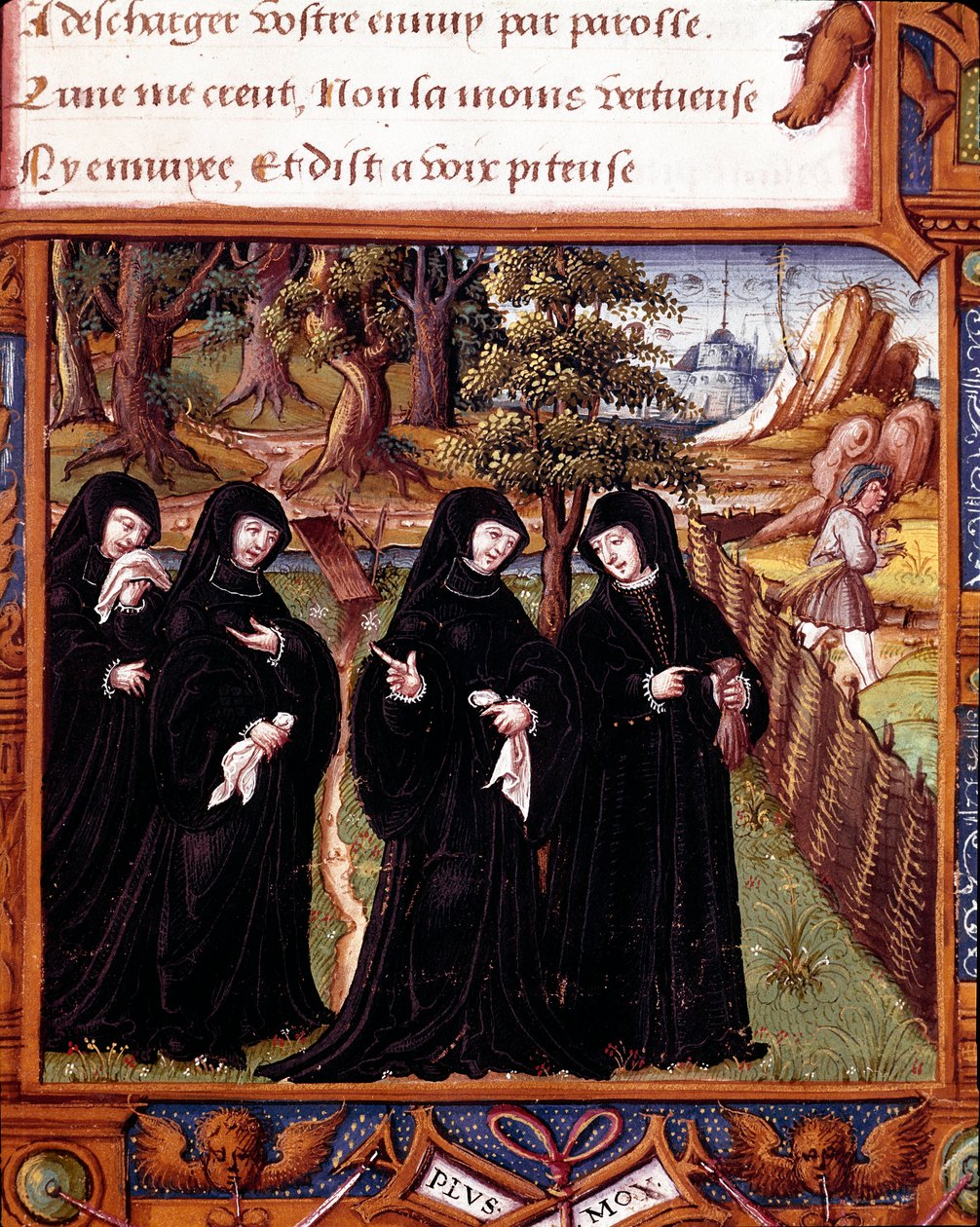 Reprezentacja Królowej Nawarry Małgorzata Angoulema (1492-1549) rozmawiająca ze swoimi towarzyszami Strona zaczerpnięta z rękopisu „”La coche ou Debat d