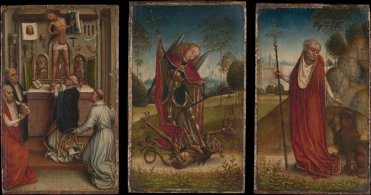 Święty Michał, Msza św. Grzegorza, św. Hieronima. autorstwa Master of the Saint Catherine Legend
