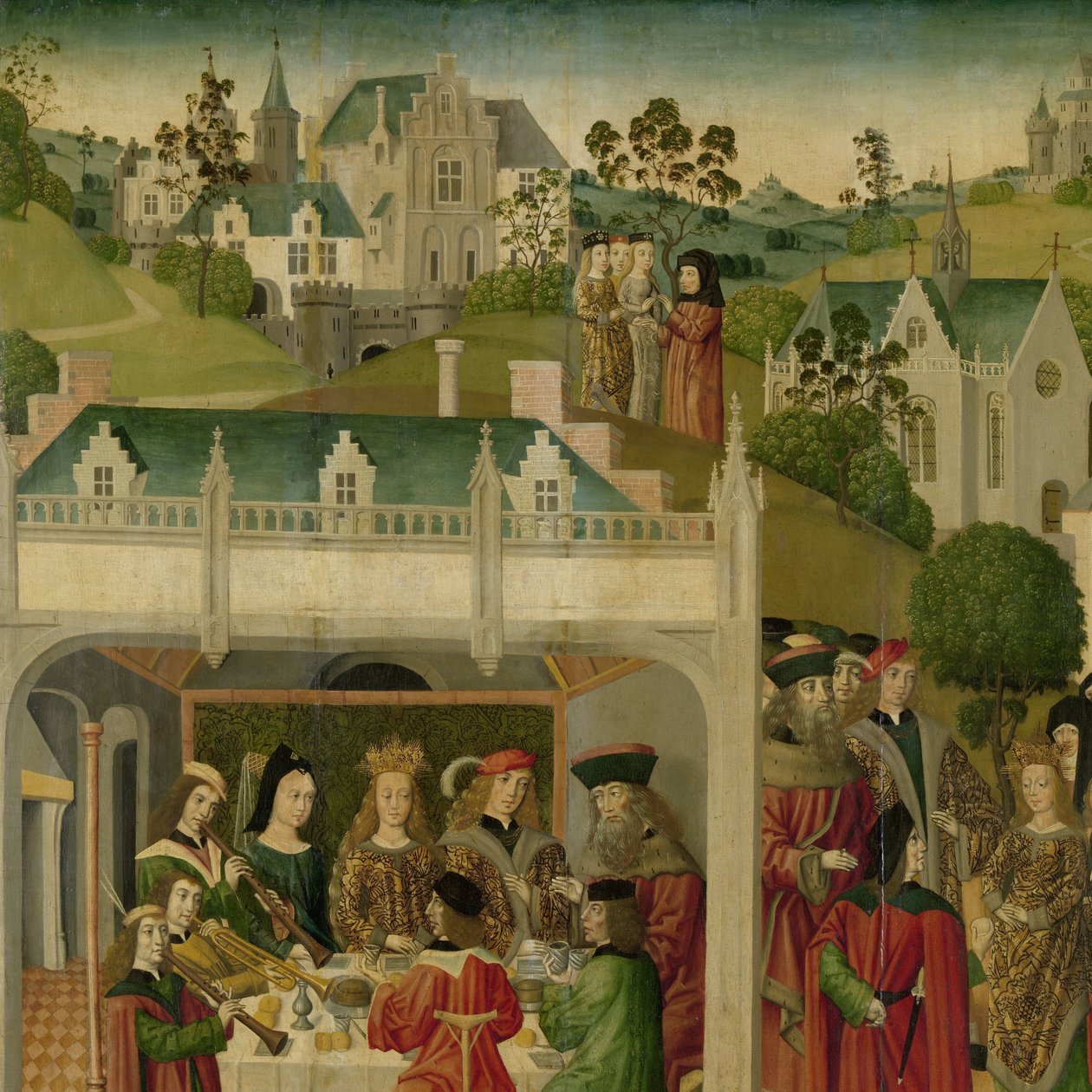 Wesele św Elżbiety Węgierskiej i Ludwika Turyngii w Wartburgu, wewnętrzne lewe skrzydło ołtarza wykonanego dla Grote Kerk w Dordrecht autorstwa Master of the St Elizabeth Panels