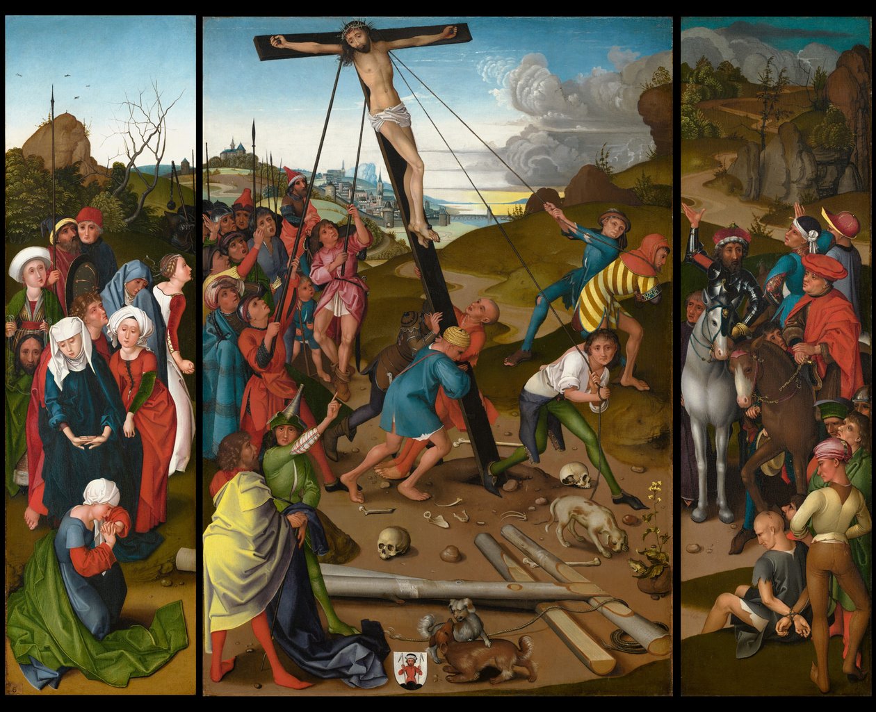 Podwyższenie Krzyża [tablica środkowa, lewa i prawa], ok. godz. 14801490. autorstwa Master of the Starck Triptych