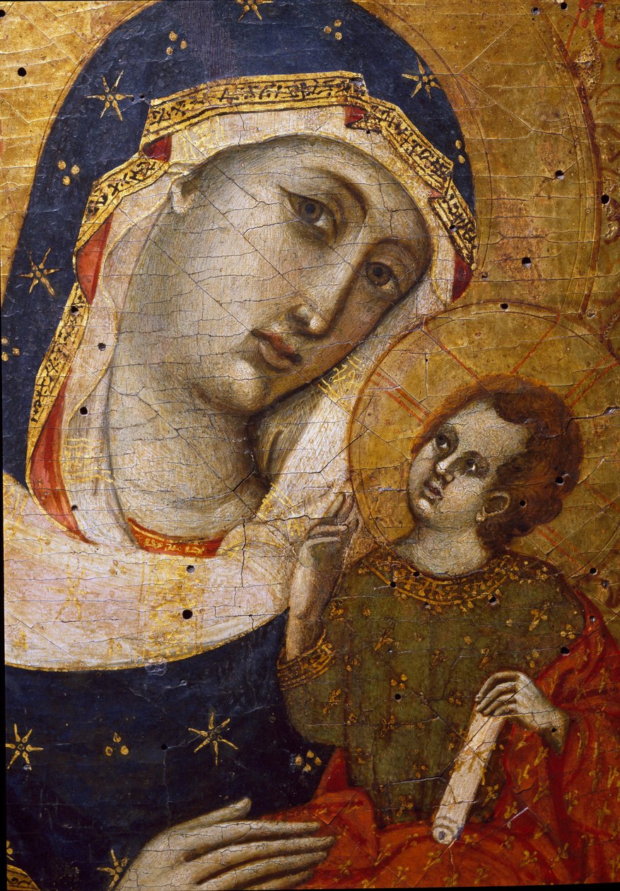 Dziewica z dzieckiem Detal - Obraz na drewnie mistrza dyptyku Sterbini (XIV w.) Wymiary 33,5x26,7 cm Siedzisko, Museo del Tesoro della Basilica di San Francesco autorstwa Master of the Sterbini Diptych