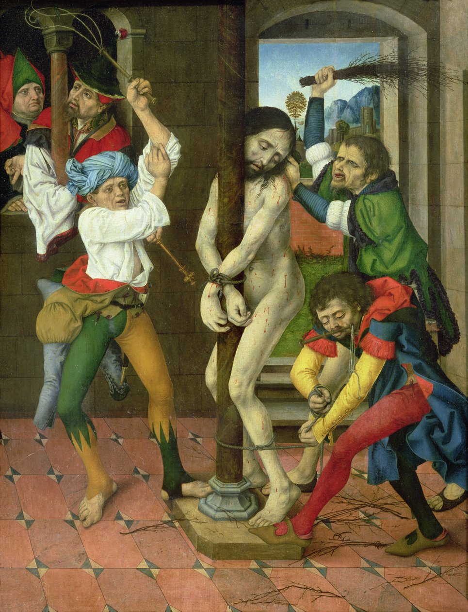 Biczowanie Chrystusa, panel boczny Ołtarza Męki Pańskiej (olej na desce) autorstwa Master of the Strache Altar