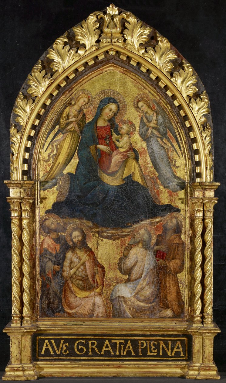 Dziewica z Dzieciątkiem z Aniołami i Czterema Świętymi, c. 1400-15 (tempera i złoty płatek na panelu) autorstwa Master of the Straus Madonna