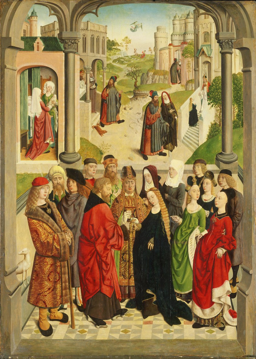Niderlandzki: Zaślubiny Maryi. W tle (od lewej do prawej) narodziny Maryi, wypędzenie Joachima ze świątyni, zwiastowanie Joachimowi, spotkanie przy Złotej Bramie i przedstawienie Maryi w świątyni. autorstwa Master of the Tiburtine Sibyl