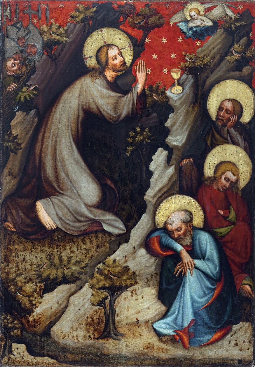 Agonie dans le jardin des Oliviers - Chrystus na Górze Oliwnej - Mistrz Wittingau (Mistrz Ołtarza Trebonskiego) (czynny ok. 1380-1390). Tempera na desce, ok. 1380. Galeria Narodowa, Praga autorstwa Master of the Trebon Altarpiece
