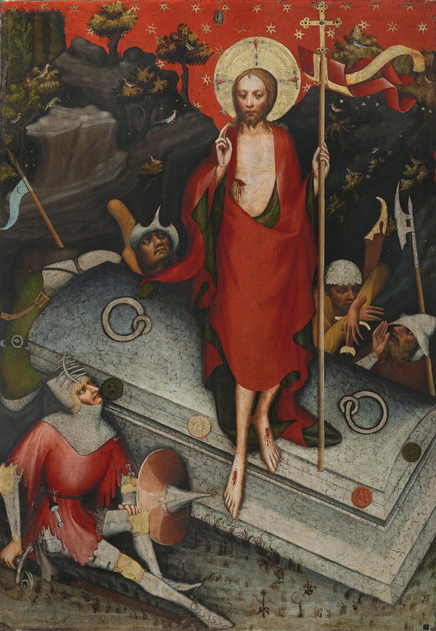 Zmartwychwstanie. Z Ołtarza Trebońskiego - Mistrz z Wittingau (Mistrz Ołtarza Trebonskiego) (czynny ok. 1380-1390). Tempera na desce, ok. 1380. Wymiar: 132x92 cm. Galeria Narodowa, Praga autorstwa Master of the Trebon Altarpiece