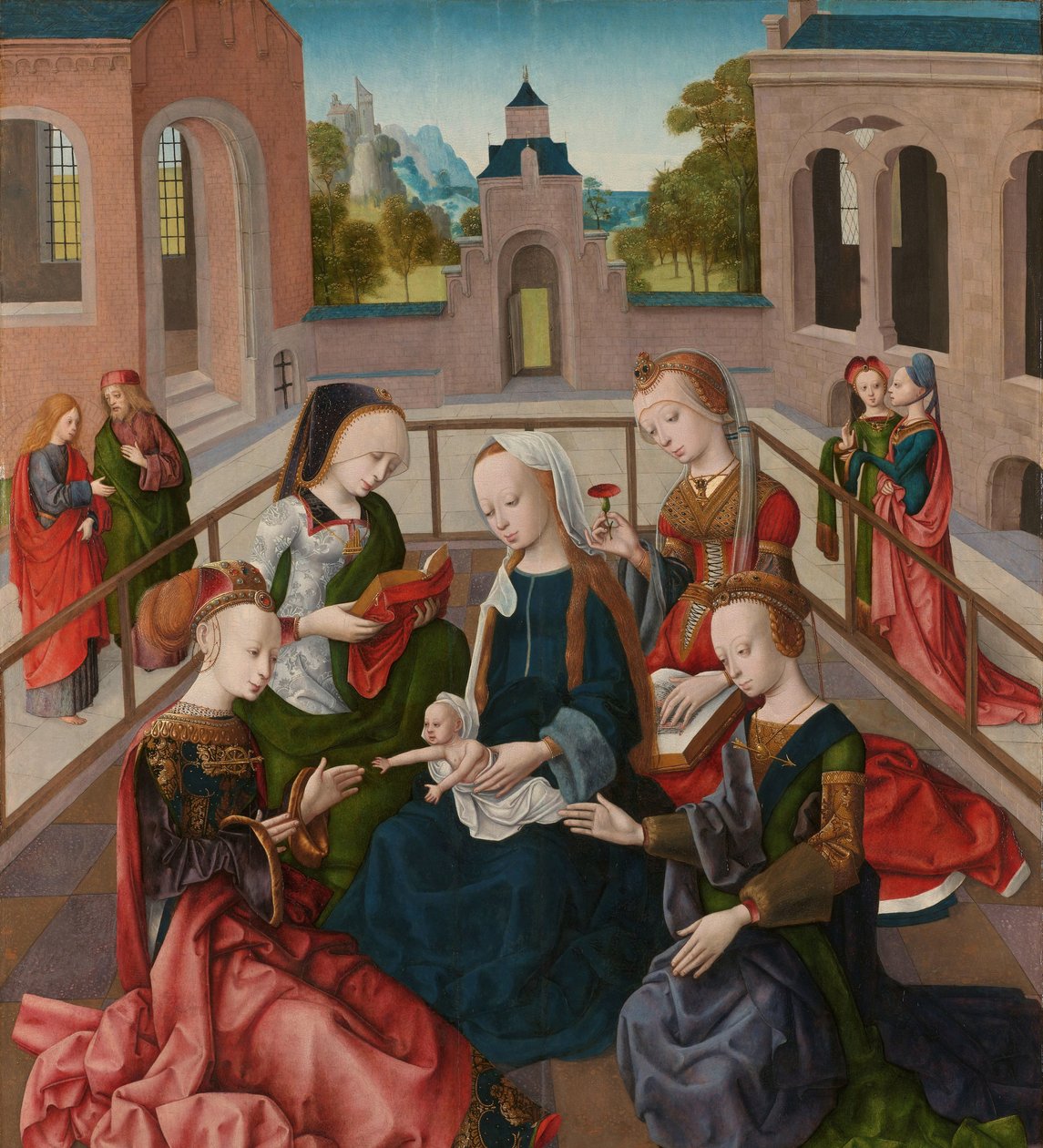Dziewica z Dzieciątkiem z Czterema Świętymi Dziewicami Maria spotkała kind met de heiligen Catharina, Cecilia, Barbara en Ursula autorstwa Master of the Virgo Inter Virgines