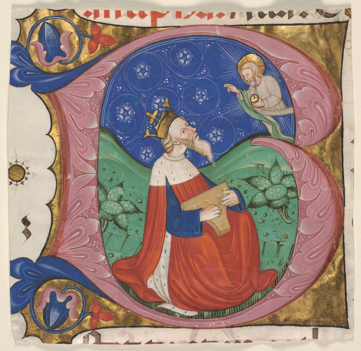 Inicjał "B" (eatus Vir) z Psałterza chóralnego, ok. 1430-50 (tusz, tempera i złoto płatkowe na welinie) autorstwa Master of the Vitae Imperatorum