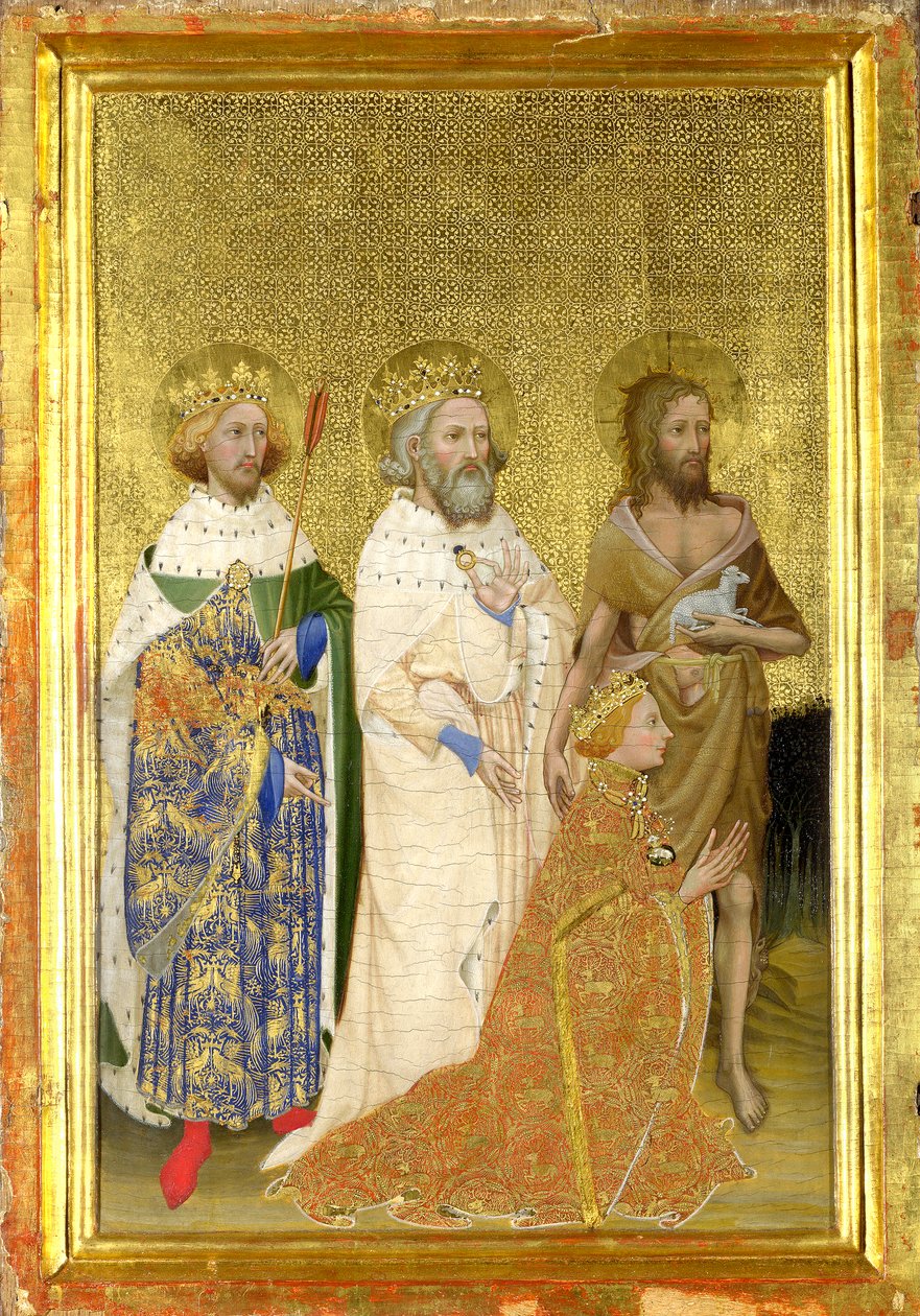 Ryszard II, król Anglii, ze swoimi świętymi patronami (lewy panel wewnętrzny dyptyku Wilton) autorstwa Master of the Wilton Diptych