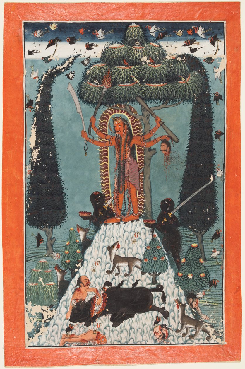 Bogini Kali stojąca na szczycie góry, c. 1730. autorstwa Master of the court of Mandi