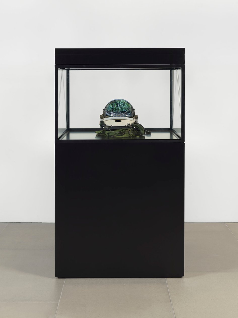 Alpha Omega, 2016 (szkło, ekran LCD, odtwarzacz multimedialny, replika czaszki, hełm kosmiczny, drewno) autorstwa Mat Collishaw