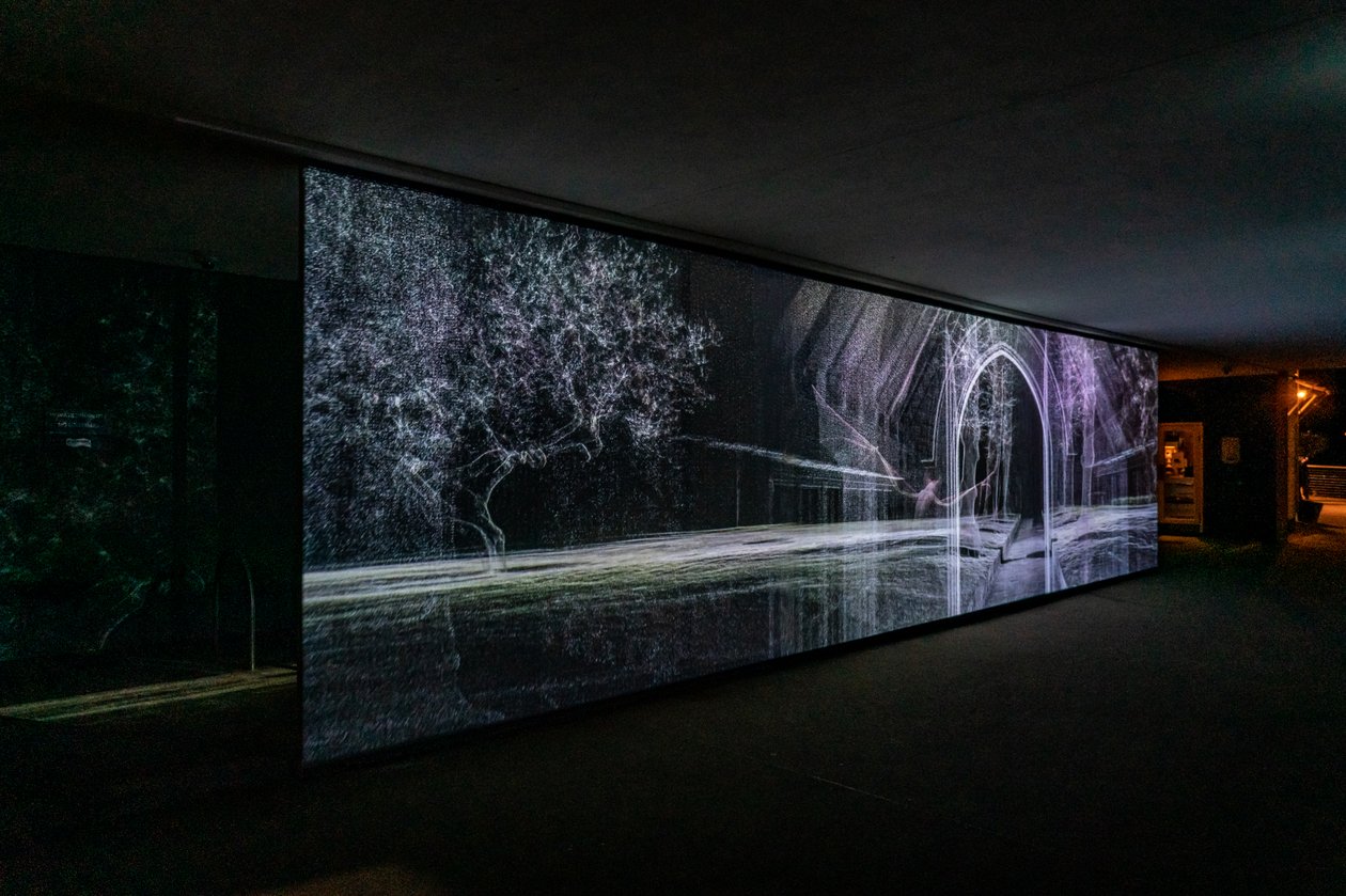 Echolokacja, 2021 (3-kanałowa projekcja wideo na siatce polipropylenowej) autorstwa Mat Collishaw
