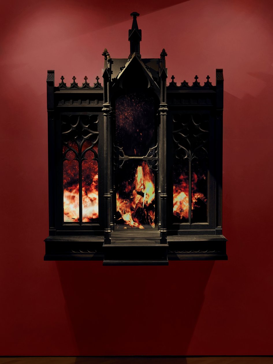 Performance, 2010 (drewno, stal, lustro monitorujące, ekrany LCD i dysk twardy) autorstwa Mat Collishaw