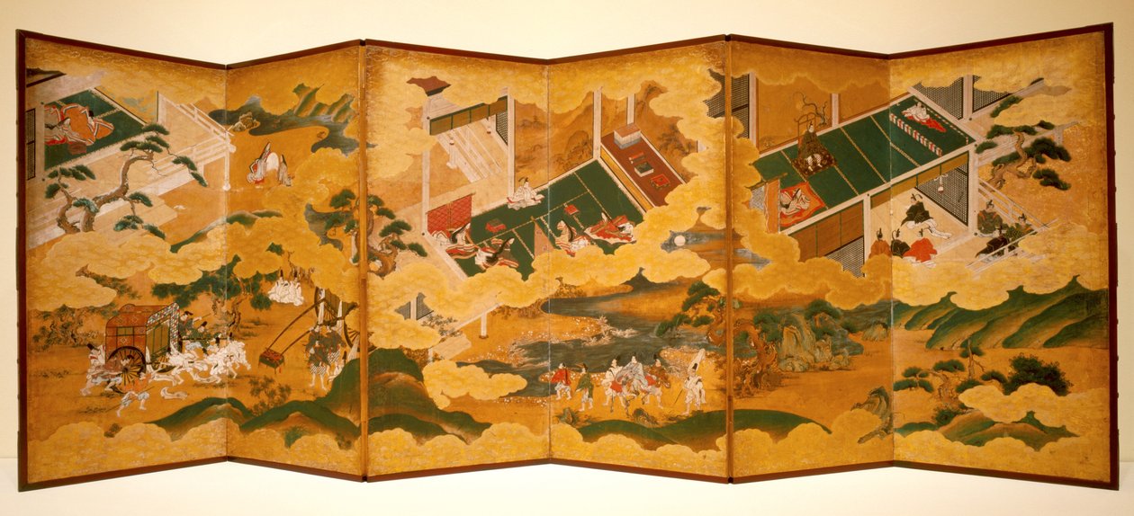 Tales Of Genji, ok. 1650 r. (atrament, kolor i płatki złota na papierze, sześciokrotny ekran) autorstwa Matabei Iwasa