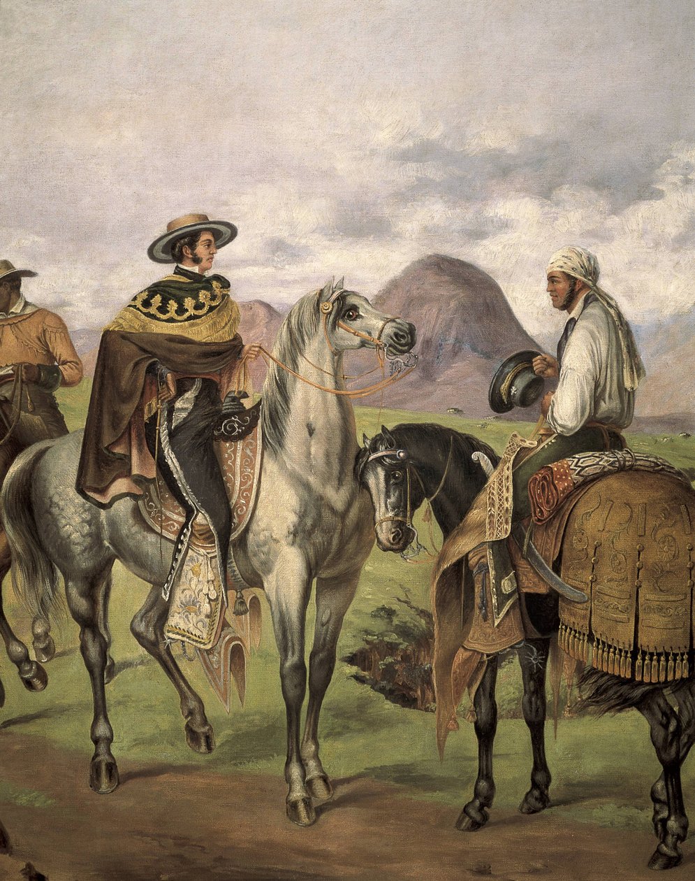 Charros”” (jeźdźcy meksykańscy) ubrani w fantazyjne stroje. Praca Mateo Saldana (1875-1951), XX wiek. Kostiumbryzm. olej na płótnie autorstwa Mateo Saldana