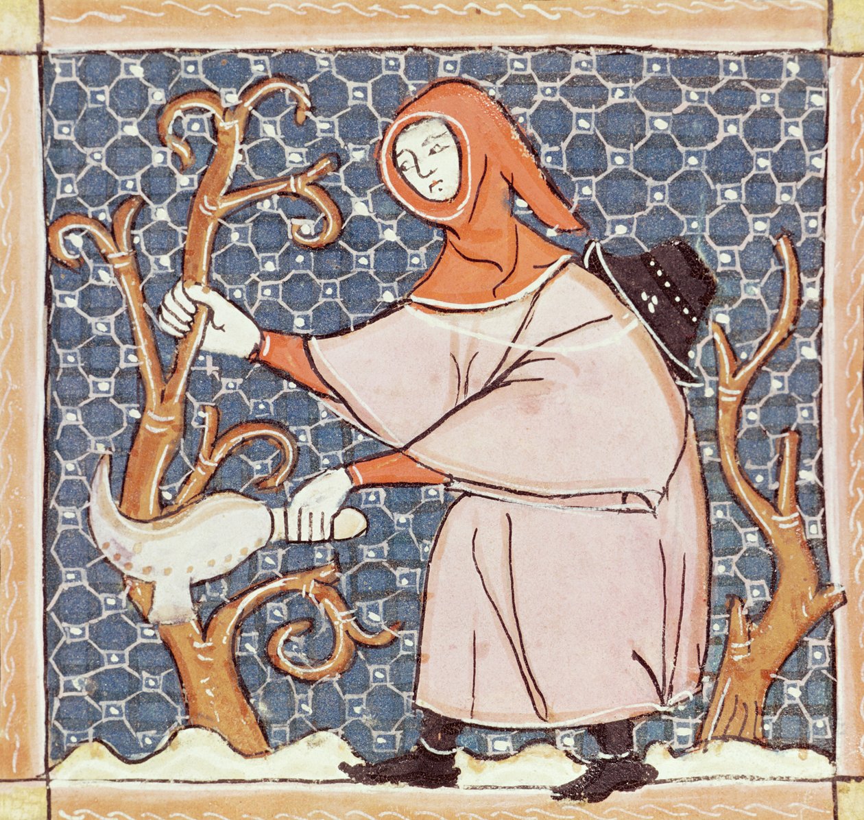 F.58v Marzec: Przycinanie drzew autorstwa Matfre Ermengaut