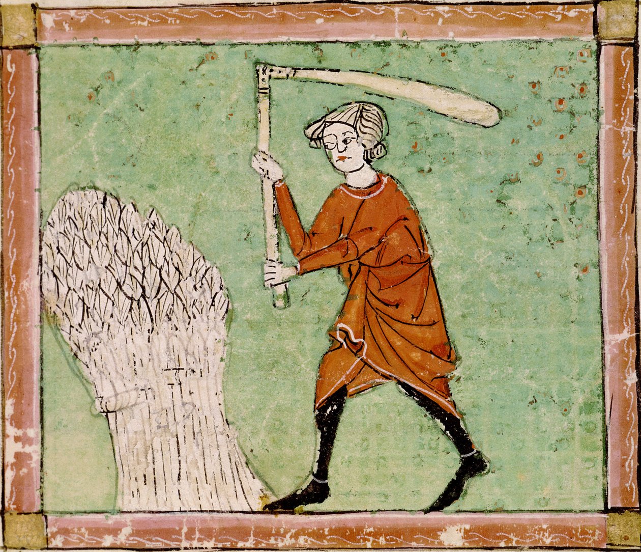 Fol.59r sierpnia: Młócenie pszenicy autorstwa Matfre Ermengaut