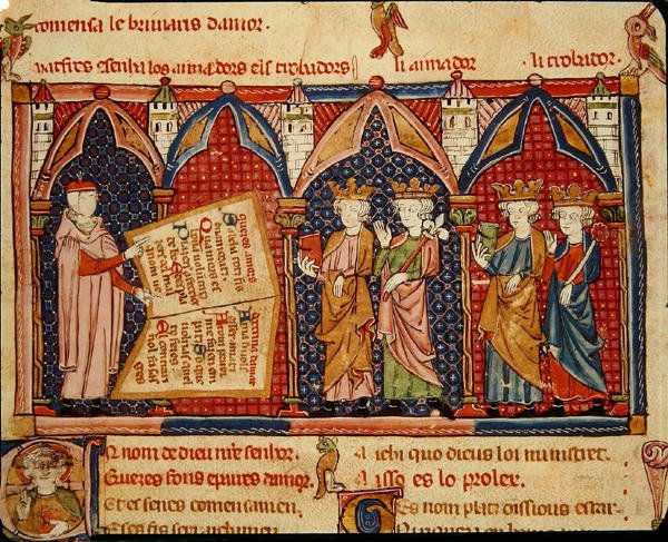 Fol.5v Mistrz Ermengaut prezentuje swoją książkę czterem królom autorstwa Matfre Ermengaut