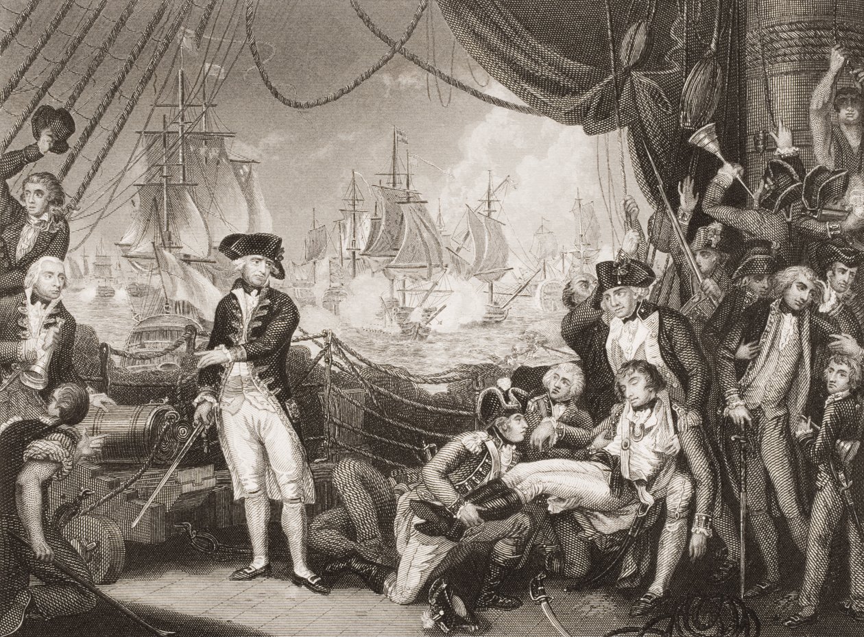 Scena na pokładzie królowej Charlotty, 1 czerwca 1794, ilustracja z „Bitwy Anglii na morzu i lądzie” autorstwa Lieuta. płk Williams (grawerowanie) autorstwa Mather Brown