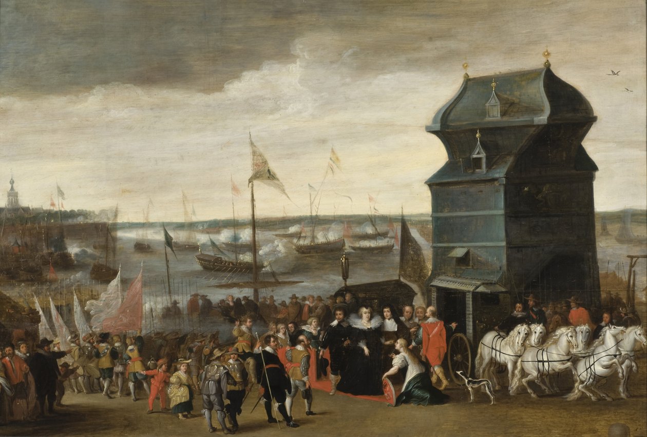 Królowa Maria de Medici wysiadająca na ląd w Antwerpii, 1632 autorstwa Matheus Vroom