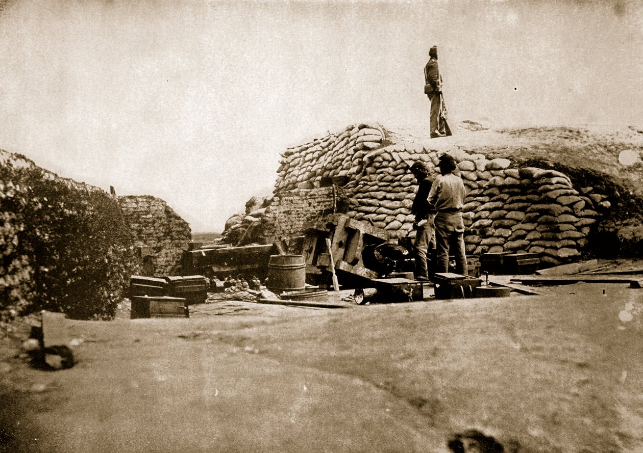 Obrony z worków z piaskiem i działo bursted, 1861-65 autorstwa Mathew B. Brady