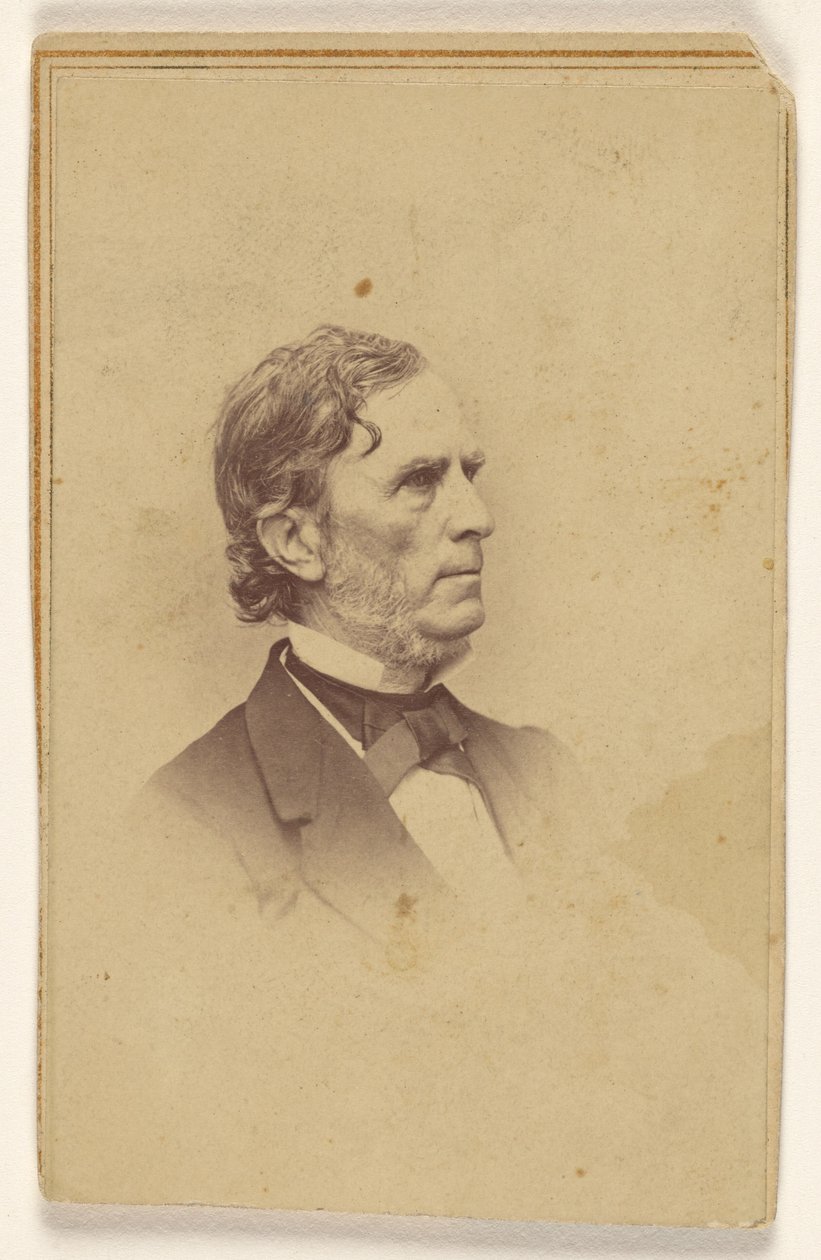 Niezidentyfikowany mężczyzna z siwiejącą brodą, bez wąsów, z profilu, wydrukowany w stylu winiety autorstwa Mathew B. Brady